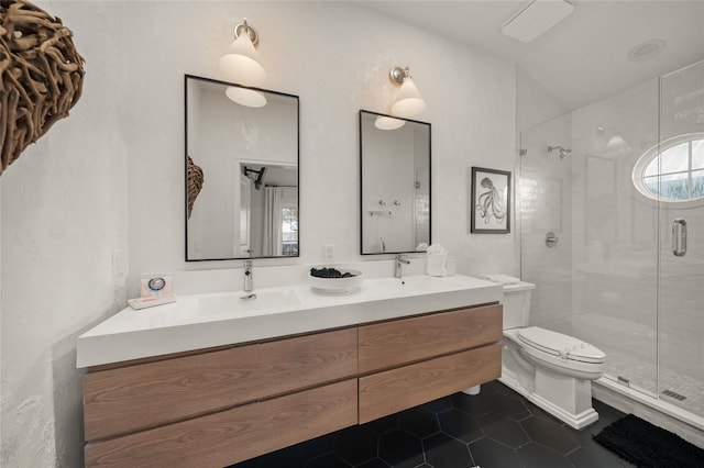 120 White Ave, Anna Maria, FL 34216 - bathroom with tile patterned flooring, toilet, a stall shower, and double vanity