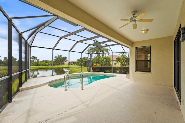 8118 Stirling Falls Cir, Sarasota, FL 34243 - outdoor pool featuring a patio, a water view, and ceiling fan