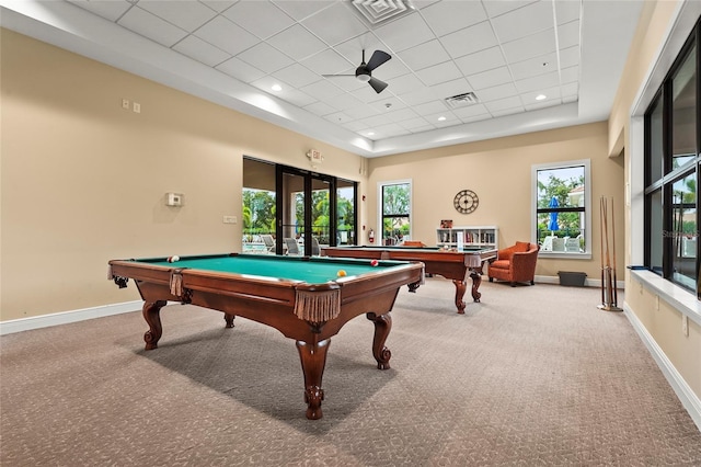 8118 Stirling Falls Cir, Sarasota, FL 34243 - playroom featuring billiards, carpet, ceiling fan, french doors, and a paneled ceiling