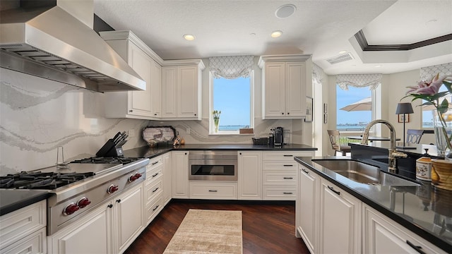 420 Golden Gate Pt Unit 200A, Sarasota, FL 34236 - kitchen with wall chimney range hood, a sink, appliances with stainless steel finishes, dark countertops, and plenty of natural light