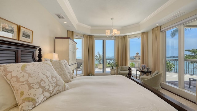 420 Golden Gate Pt Unit 200A, Sarasota, FL 34236 - bedroom with a chandelier, ornamental molding, access to exterior, a raised ceiling, and multiple windows