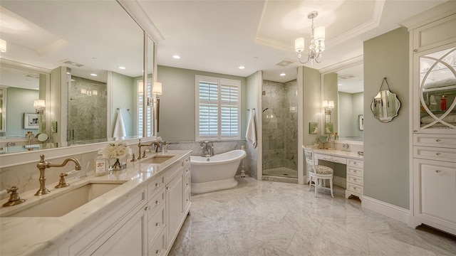 420 Golden Gate Pt Unit 200A, Sarasota, FL 34236 - bathroom with a shower stall, a freestanding bath, a tray ceiling, double vanity, and ornamental molding