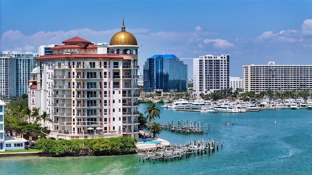 420 Golden Gate Pt Unit 200A, Sarasota, FL 34236 - water view featuring a skyline view and numerous boat docks