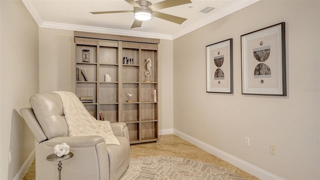 606 Riviera Dunes Way Unit 306, Palmetto, FL 34221 - sitting room featuring ceiling fan, crown molding, baseboards, and light tile patterned flooring