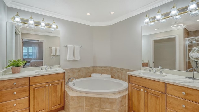 606 Riviera Dunes Way Unit 306, Palmetto, FL 34221 - ensuite bathroom featuring a garden tub, crown molding, two vanities, a shower stall, and recessed lighting