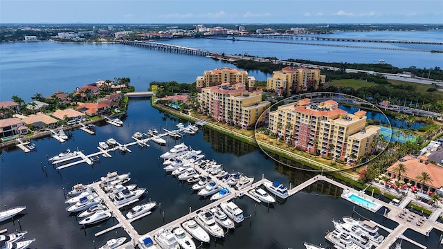 606 Riviera Dunes Way Unit 306, Palmetto, FL 34221 - bird's eye view of a nearby body of water, a notable bridge, and numerous boat docks