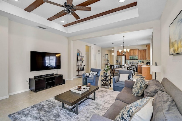 12149 Forest Park Cir, Bradenton, FL 34211 - living area with a chandelier, ceiling fan, light tile patterned floors, baseboards, and recessed lighting
