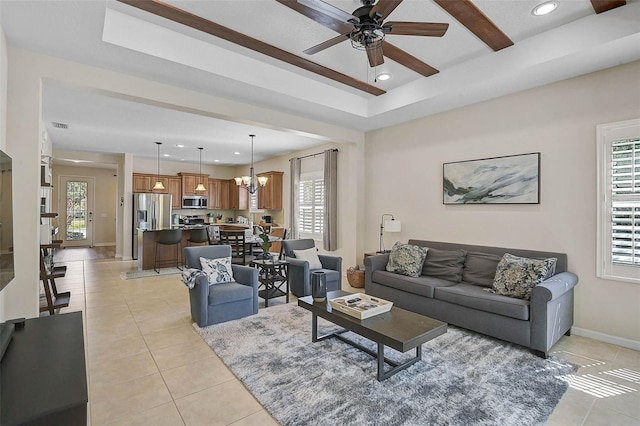 12149 Forest Park Cir, Bradenton, FL 34211 - living area with light tile patterned floors, ceiling fan, baseboards, recessed lighting, and a raised ceiling