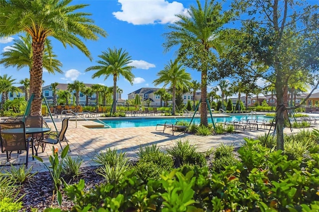 community pool featuring a residential view and a patio area