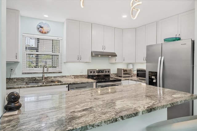 3500 Green View Ct Unit 45, Sarasota, FL 34231 - kitchen featuring stainless steel appliances, a sink, under cabinet range hood, light stone countertops, and white cabinets
