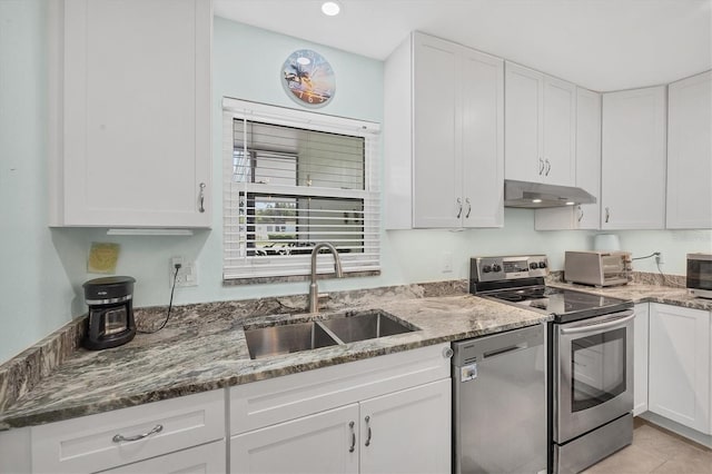 3500 Green View Ct Unit 45, Sarasota, FL 34231 - kitchen with appliances with stainless steel finishes, under cabinet range hood, a sink, white cabinets, and light stone counters