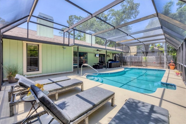 4079 Woodview Dr, Sarasota, FL 34232 - view of pool with a patio area, ceiling fan, glass enclosure, and fence