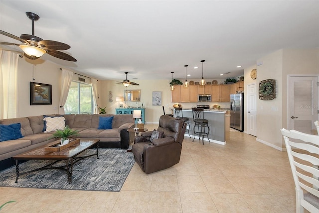 3230 Magnolia Landing Ln, North Fort Myers, FL 33917 - living area featuring a ceiling fan, light tile patterned floors, recessed lighting, and baseboards