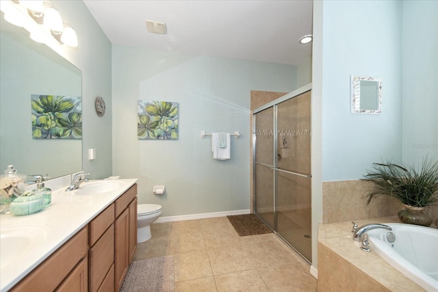 3230 Magnolia Landing Ln, North Fort Myers, FL 33917 - bathroom with a bath, a stall shower, tile patterned floors, double vanity, and toilet