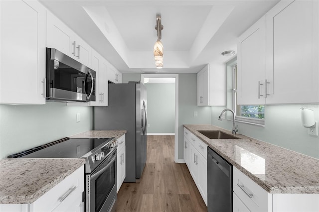 913 64th St W, Bradenton, FL 34209 - kitchen with stainless steel appliances, a sink, a tray ceiling, wood finished floors, and white cabinetry
