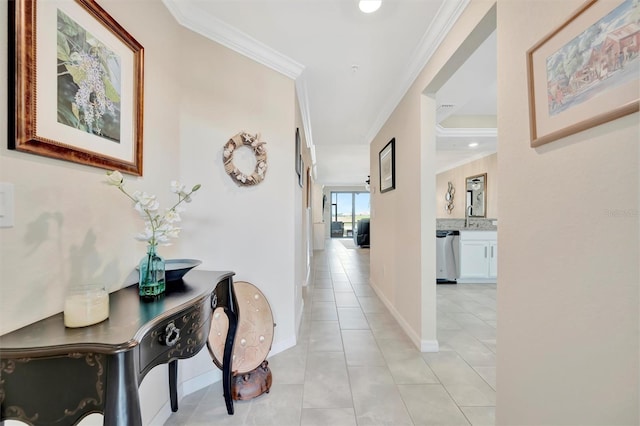 hallway with crown molding, light tile patterned floors, baseboards, and recessed lighting