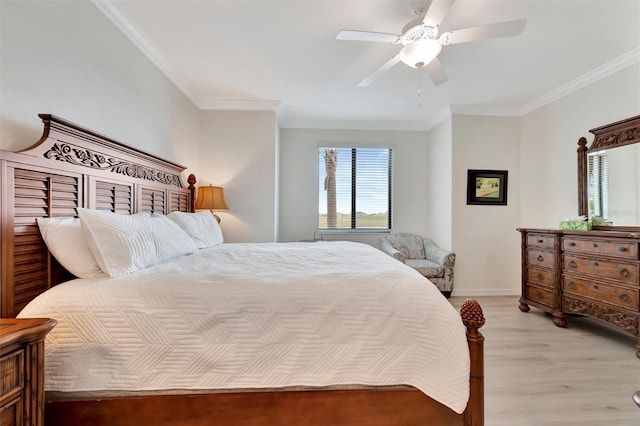 bedroom with light wood-type flooring, crown molding, a ceiling fan, and baseboards