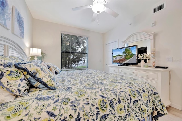 bedroom featuring ceiling fan and light wood-type flooring