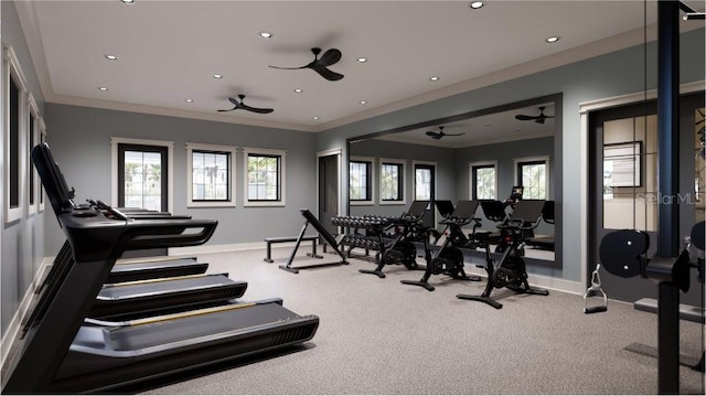 13156 Merlot Sunstone Cv, Parrish, FL 34219 - gym featuring ornamental molding, baseboards, plenty of natural light, recessed lighting, and a ceiling fan