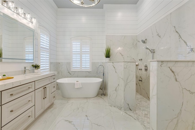 52 Grande Fairway, Englewood, FL 34223 - full bathroom featuring a marble finish shower, vanity, a freestanding tub, marble tiled floors, and crown molding