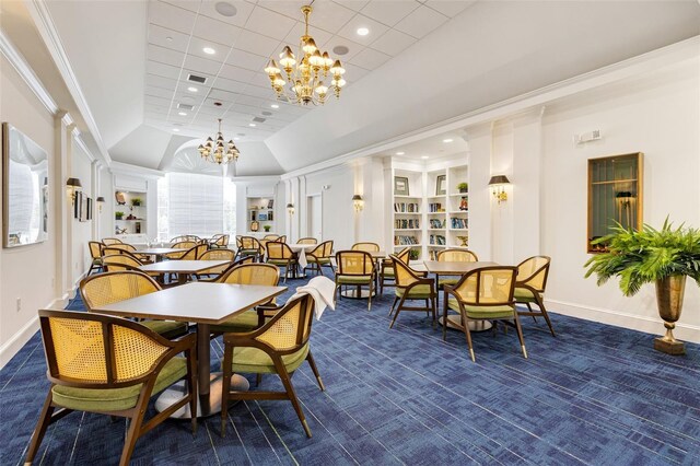 52 Grande Fairway, Englewood, FL 34223 - dining space with a chandelier, dark carpet, baseboards, recessed lighting, and crown molding