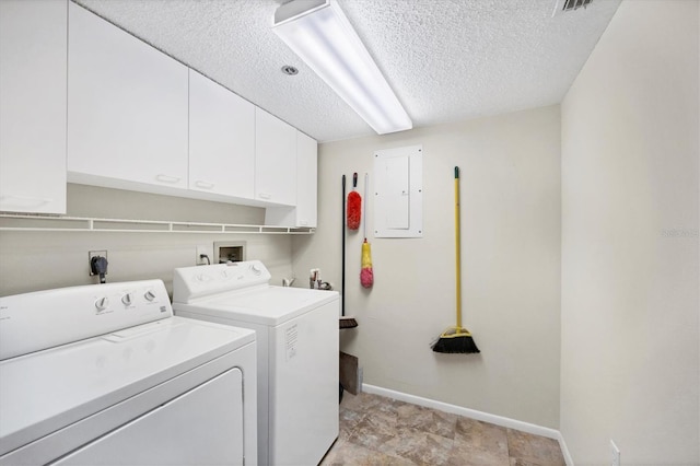 3750 Pinebrook Cir Unit 405, Bradenton, FL 34209 - washroom with cabinet space, washing machine and clothes dryer, a textured ceiling, baseboards, and electric panel