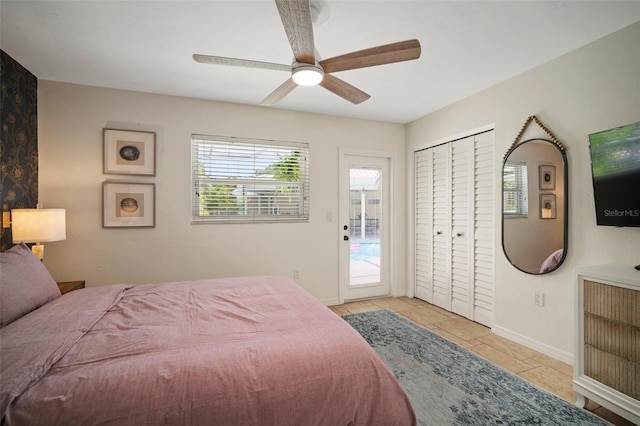 7202 18th Ave NW, Bradenton, FL 34209 - bedroom with baseboards, access to exterior, ceiling fan, and tile patterned floors
