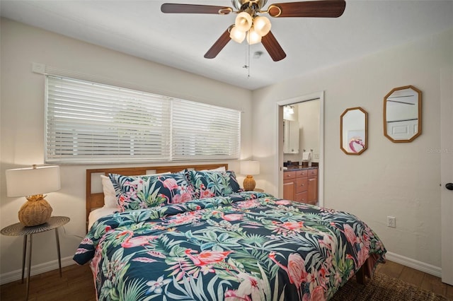 7202 18th Ave NW, Bradenton, FL 34209 - bedroom with wood finished floors, baseboards, connected bathroom, and ceiling fan