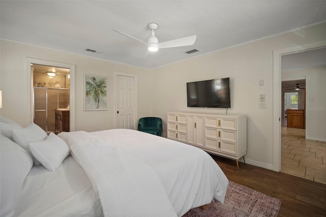 7202 18th Ave NW, Bradenton, FL 34209 - bedroom with dark wood-type flooring, baseboards, ceiling fan, ensuite bathroom, and crown molding