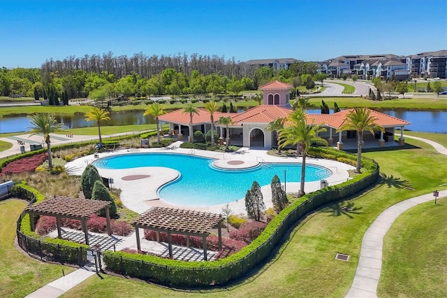 5033 Brickwood Rise Dr, Wimauma, FL 33598 - community pool with a water view, a patio area, and a gazebo