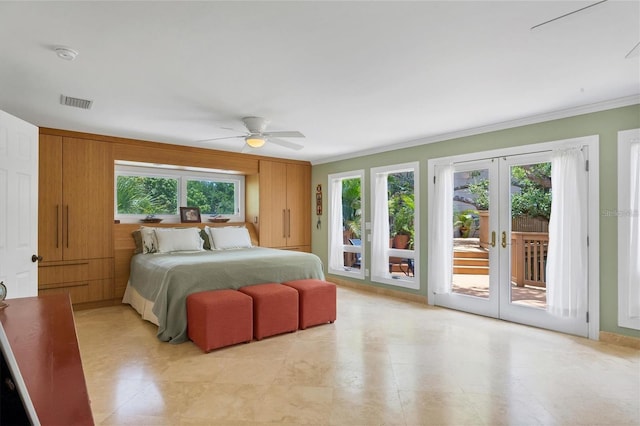 7320 Melaleuca Way, Siesta Key, FL 34242 - bedroom with multiple windows, access to exterior, french doors, crown molding, and a ceiling fan