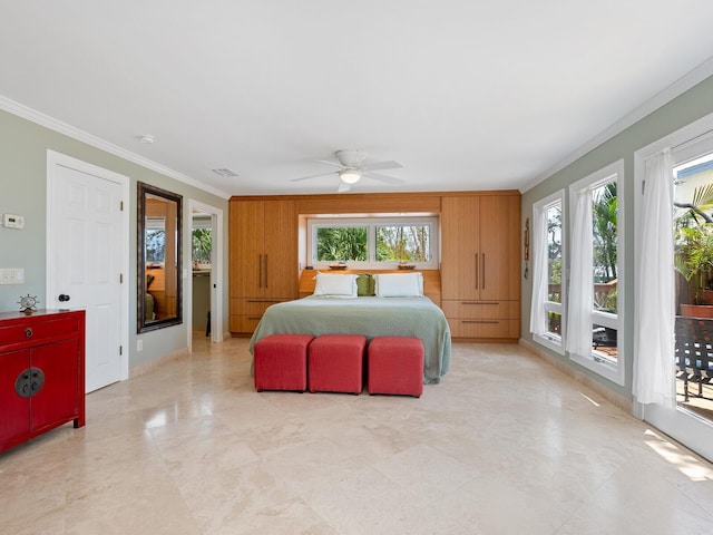 7320 Melaleuca Way, Siesta Key, FL 34242 - bedroom featuring ornamental molding, access to outside, and a ceiling fan