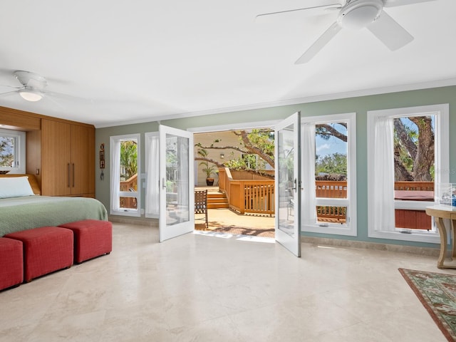 7320 Melaleuca Way, Siesta Key, FL 34242 - bedroom with ornamental molding, access to outside, multiple windows, french doors, and ceiling fan