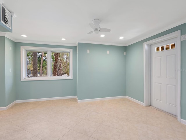 7320 Melaleuca Way, Siesta Key, FL 34242 - unfurnished room featuring a ceiling fan, ornamental molding, recessed lighting, baseboards, and light tile patterned flooring