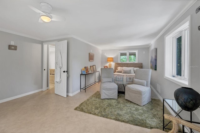 7320 Melaleuca Way, Siesta Key, FL 34242 - sitting room with ornamental molding, baseboards, a ceiling fan, and tile patterned flooring