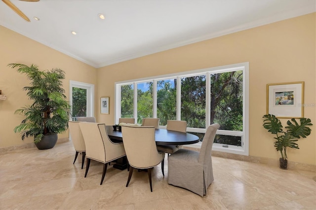 7320 Melaleuca Way, Siesta Key, FL 34242 - dining area featuring crown molding, baseboards, and recessed lighting