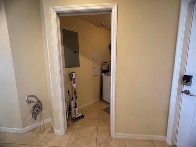 7911 Grand Estuary Trl Unit 201, Bradenton, FL 34212 - hall with electric panel, light tile patterned floors, and baseboards