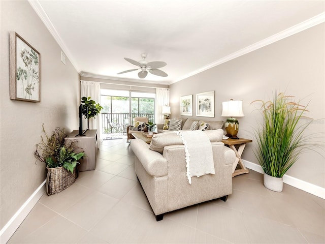 5669 Midnight Pass Rd Unit 308, Sarasota, FL 34242 - living area featuring ceiling fan, baseboards, ornamental molding, and light tile patterned flooring