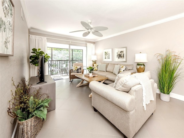 5669 Midnight Pass Rd Unit 308, Sarasota, FL 34242 - living area featuring a ceiling fan, ornamental molding, light tile patterned floors, and baseboards