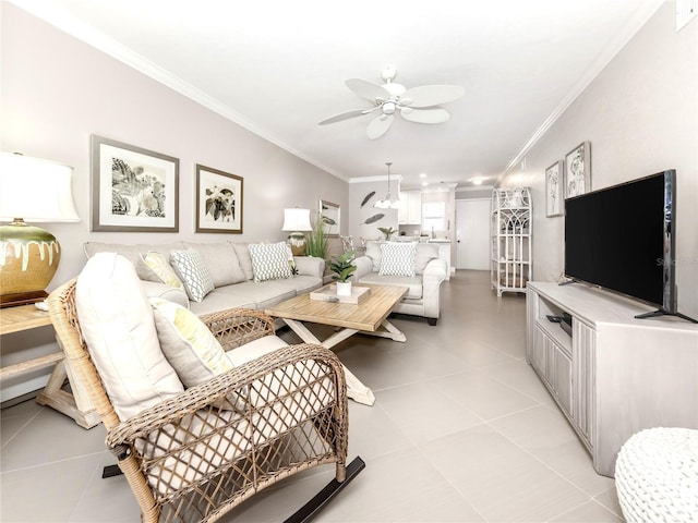 5669 Midnight Pass Rd Unit 308, Sarasota, FL 34242 - living room featuring ornamental molding, a ceiling fan, and light tile patterned floors