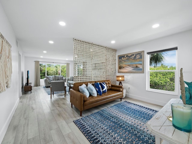 living area featuring light wood-style floors, recessed lighting, and baseboards