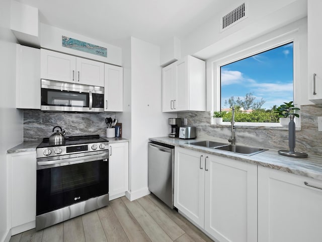 kitchen with stainless steel appliances, a sink, backsplash, and white cabinetry