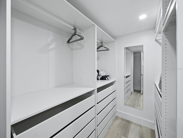 walk in closet with light wood-type flooring