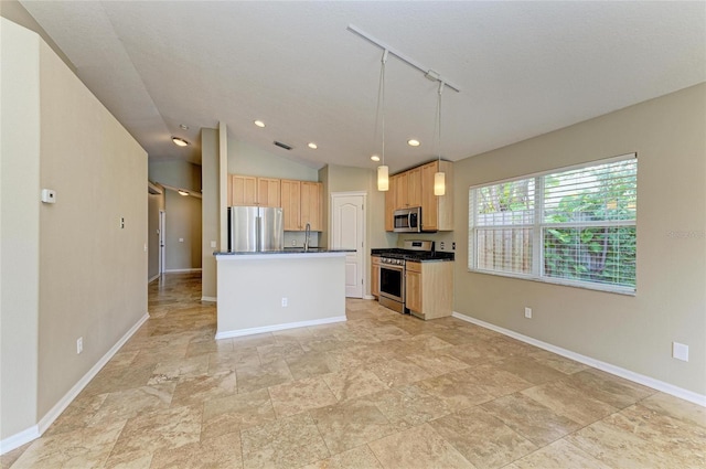 kitchen with stainless steel appliances, dark countertops, light brown cabinetry, baseboards, and recessed lighting