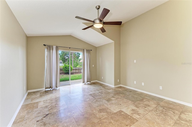 unfurnished room featuring ceiling fan, baseboards, light stone finish floors, and lofted ceiling