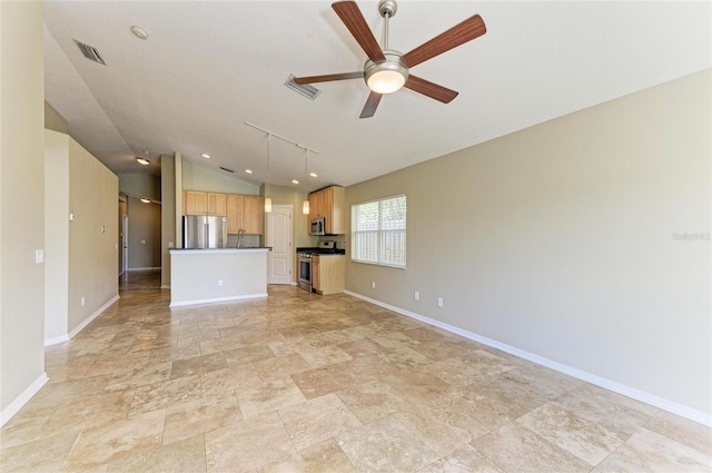 unfurnished living room with vaulted ceiling, a ceiling fan, light stone finish flooring, baseboards, and recessed lighting