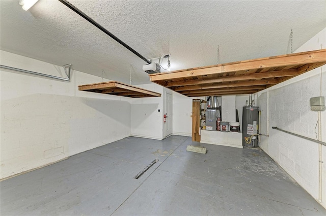 garage with water heater and a garage door opener