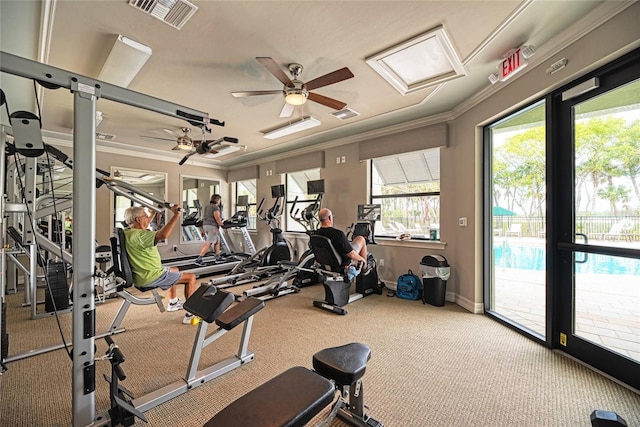 12091 Firewheel Pl, Venice, FL 34293 - exercise room with carpet floors, crown molding, a ceiling fan, and baseboards