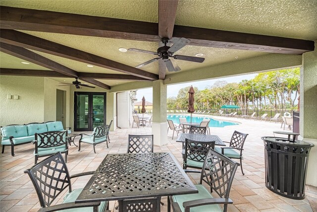 12091 Firewheel Pl, Venice, FL 34293 - view of patio with outdoor dining space, ceiling fan, outdoor lounge area, and french doors