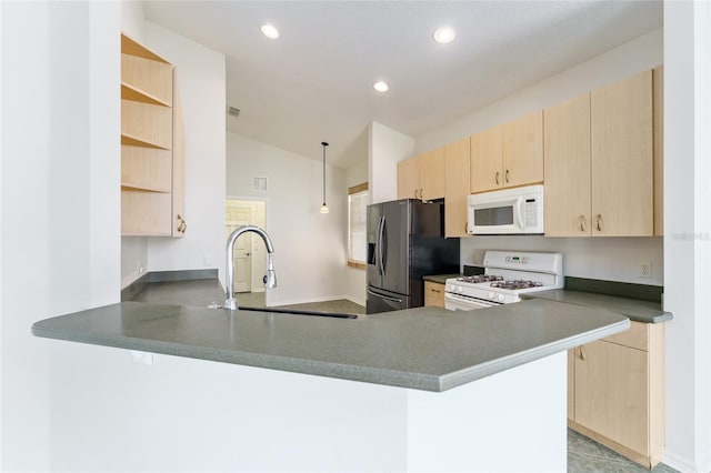 777 Summit Greens Blvd, Clermont, FL 34711 - kitchen featuring white appliances, light brown cabinets, open shelves, a sink, and lofted ceiling